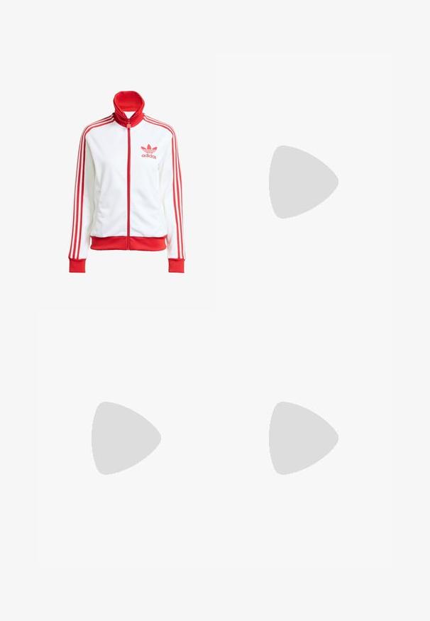 White track jacket with red accents, full zip, high collar, three red stripes on sleeves, and embroidered red Adidas logo on the chest.; White cotton t-shirt with short sleeves and a crew neckline. Features a black Adidas logo printed on the chest. Simple, minimal design.; Cream-colored wide-leg pants with a zigzag pattern, featuring a black logo waistband and side black stripes. Lightweight, textured fabric.; Cream athletic sneaker featuring three beige stripes, suede and textile materials, a textured sole, and embossed branding on the heel.