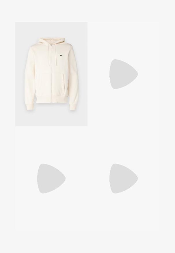 Cream zip-up hoodie with a kangaroo pocket, drawstring hood, ribbed cuffs, and a small dark logo on the left chest. Soft textile material.; Samsøe Samsøe NORSBRO - Basic T-shirt - taupe; Green cotton shorts with an elastic waistband, relaxed fit, and a small embroidered logo on the lower left side. Smooth texture, no pockets.; Lacoste sneakers in dark gray with mesh and synthetic material, featuring a textured sole and brown accents on the collar and branding.