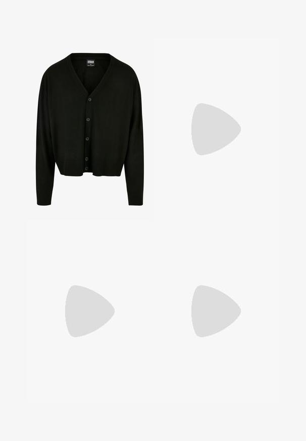 Black cardigan made of soft fabric, featuring a v-neck, button closure, and ribbed cuffs and hem for a relaxed fit.; White long-sleeve button-up shirt made of cotton, featuring a button-down collar, left chest pocket, and subtle textured fabric.; EIGHTYFIVE CARPENTER - Carpenter Jeans - off-white; Pink suede sneaker with black stripes, gum sole, and textured purple heel. Features a lace-up design and embossed branding on the side.