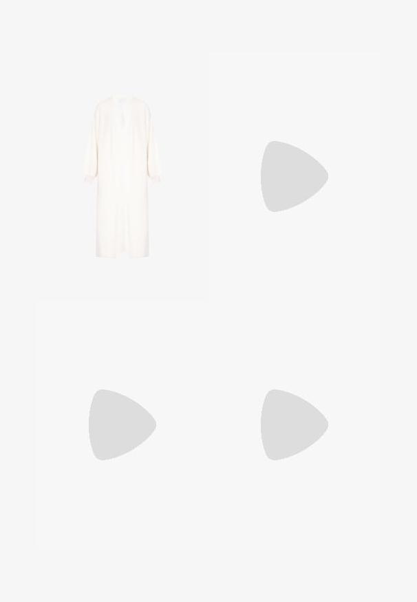 Cardigan bianco realizzato in tessuto a maglia testurizzato, dotato di scollatura a V profonda, maniche a palloncino over, e silhouette dritta.; Abito maxi senza maniche marrone con scollo rotondo, texture liscia e taglio dritto, progettato per una vestibilità rilassata.; Stivaletti alla caviglia in suede color tan con tacco a blocco alto, dotati di pannelli elasticizzati ai lati e suola rugged per una maggiore aderenza. Parte superiore testurizzata con dettagli di cucitura.; Occhiali da sole rotondi con tonalità marrone, montatura lucida color bordeaux. Aste sottili con un sottile dettaglio del marchio. Design delle lenti piatte.; Borsa a mano in pelle beige a forma di mezzaluna con zip superiore, tracolla staccabile e logo dorato "Lacoste Paris" sul davanti.; Anello in metallo dorato con un design morbido e curvo e una finitura lucida. Presenta una forma organica, è largo al centro e si restringe verso i bordi.