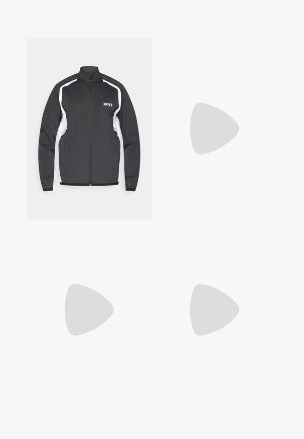 Giacca sportiva nera con accenti bianchi, colletto alto e zip frontale. Presenta il logo "BOSS" sul lato sinistro del petto e tasche laterali.; Maglietta atletica bianca senza maniche realizzata in materiale leggero. Caratterizzata da un collo rotondo e un piccolo logo Nike nero sul lato superiore sinistro.; Pantaloni sportivi bianchi realizzati in tessuto leggero con vita elastica, dotati di due tasche laterali e un piccolo logo nero sull'orlo.; Scarpa da corsa azzurro chiaro con tomaia in mesh traspirante. Presenta uno swoosh bianco, una suola intermedia arancione e gialla, e una suola nera per una maggiore aderenza.