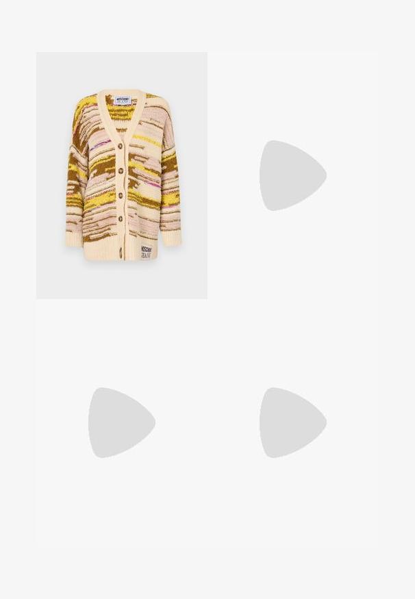 Knitted cardigan featuring swirling patterns in cream, yellow, brown, and pink. Design includes a V-neck, button front, and logo detail at hem.; Off-the-shoulder dress in cream cotton, featuring long sleeves with denim cuffs. Simple silhouette with a straight cut, mid-thigh length.; Cropped beige shirt with short sleeves, button front, and silver buttons. Features a yellow embroidered detail on the left side.; Black leather knee-high boots with a pointed toe, slim heel, smooth texture, and minimal stitching detail.