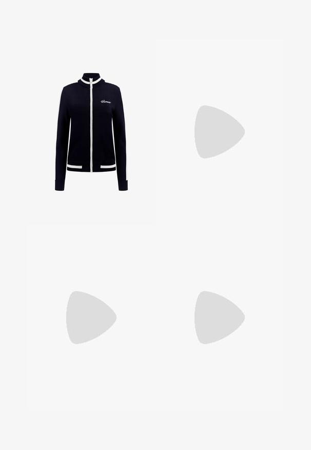 Navy zip-up jacket with high collar, white stripe accents on sleeves and hem, ribbed cuffs, and front logo detailing. Made from knit material.; White cropped t-shirt made of smooth cotton, featuring a high neckline and short sleeves. Small embroidered logo in the bottom corner.; Black athletic pants with white side stripes, elastic waistband, and a small white logo on the front left hip. Smooth texture, fitted design.; Black patent leather slingback flats with a pointed toe, clear side panel, and flat sole, featuring a smooth, glossy finish.