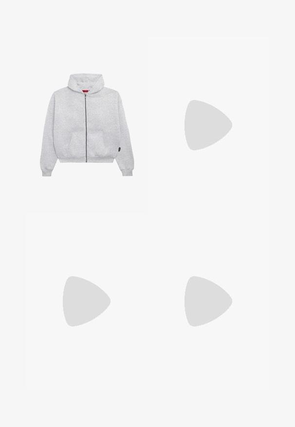 Grijze hoodie met rits, gemaakt van zachte stof, met een ruime capuchon, twee voorzakken en ribgebreide manchetten en onderkant.; Lichtbeige mouwloze trui met een geribbelde ronde hals, textuurstof en een minimalistisch design; geen zichtbare merkname of patronen.; Zwarte denim jeans met een wijd pijpdesign, voorzien van de klassieke vijf-pocket stijl, knoopsluiting en subtiele vervaging.; Zwarte leren sportschoen met witte strepen, ronde neus, platte zool en vetersluiting. Bevat perforaties voor ademend vermogen.
