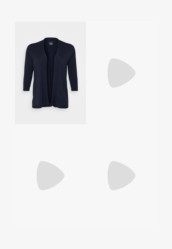 Navy blue cardigan made from knit fabric, featuring three-quarter sleeves and an open front design with no fastenings.; White long-sleeve shirt with a wide neckline, made of soft, smooth material. Features a fitted design and a cropped hem.; Dark blue denim trousers with a straight-leg cut, featuring a front button closure, belt loops, and subtle stitching details along the seams.; Black leather ballet flat with a round toe, features a decorative bow and smooth texture. Minimalist design with a low, flat sole.