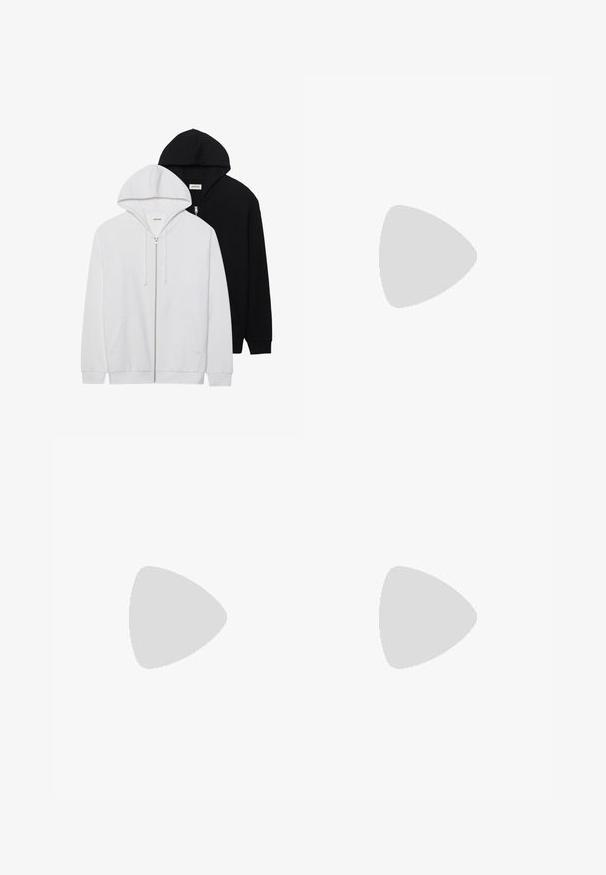 Divi džemperi ar rāvējslēdzēju melnā un baltā krāsā, ar pievelkamu kapuci, kangaru kabatām, ribotām aprocēm un mīkstu auduma tekstūru.; Balta kokvilnas t-kreklis ar īsām piedurknēm un apaļu izgriezumu. Centrā ir melna uguns raksta tauriņa grafika. Gluda tekstūra.; Melnas šauras džinsus ar gludu denima tekstūru, tradicionālo piecu kabatu dizainu, rāvējslēdzēju un smalkām fade detaļām uz auduma.; Melni sporta apavi ar teksturētu krokodila raksta ādas augšdaļu, noapaļotu pirkstu daļu un kontrastējošu baltu gumijas zoli ar gludu virsmu.