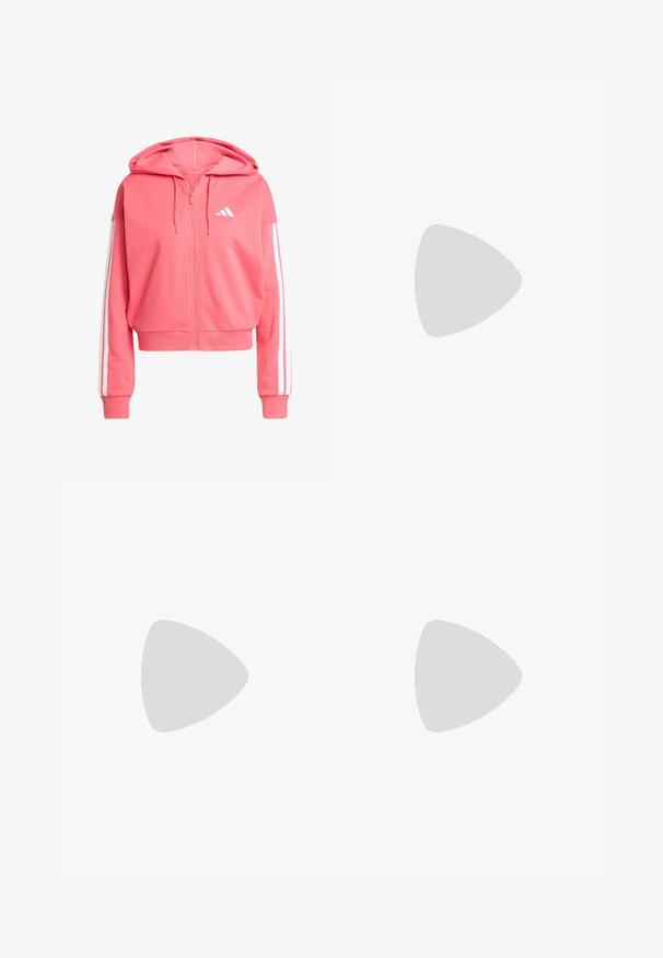 Rózsaszín, cipzáras kapucnis pulóver, puha anyagból készült. Kapucnival rendelkezik, a hónalj szerkezeten fehér háromcsíkos díszítéssel, és egy kis fehér logóval a mellkason.; Fekete sportpóló, puha anyagból, kerek nyakkivágással, rövid ujjakkal, és mindkét vállon három fehér csíkkal. Fehér logó a mellkasán.; Fekete sporttászok rugalmas derékkal, szűkült bokákkal és fehér oldalsávval. Puha anyagból készült, sima textúrával.; Fekete és szürke túracipők texturált felsőrésszel, párnázott talppal és három ezüstcsíkos díszítéssel. Kültéri tevékenységekhez tervezve.