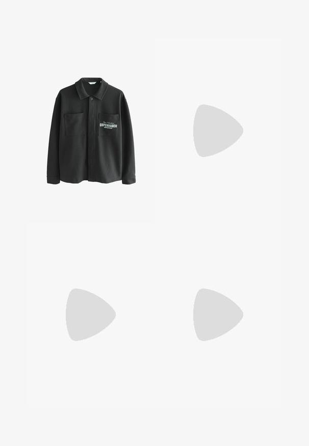 Black fleece shirt jacket featuring a spread collar, two front pockets, and printed text "COPENHAGEN" on the left pocket.; Plain white short-sleeve relaxed-fit T-shirt laid flat on light gray background.; Black wide-leg jeans made of denim, featuring a front button closure, belt loops, and classic five-pocket design with subtle stitching.; Black leather loafer with chunky treaded sole and decorative strap across the upper, shown in left side profile on white background.