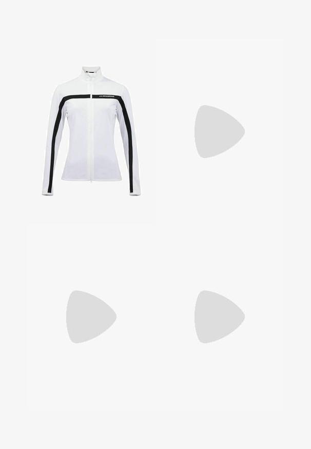 Balta sportinė striukė su stovinčiu apykakle, juoda užtrauktuko ir pečių juostelėmis bei logotipu. Lygus paviršius ir prigludęs dizainas su ilgomis rankovėmis.; Balta polo marškinėliai su trumpomis rankovėmis, apykakle ir priekiniais mygtukais. Juodos detalės ant rankovių ir šoninių siūlių. Minkšta, lygi tekstūra.; J.LINDEBERG Sports ADINA GOLF SKIRT - Sportinis sijonas - navy; Balti sportiniai batai su tekstūruotu tinkliniu viršumi, sidabriniais akcentais ir lengvu padu, kuriame yra mažų sukibimo kaiščių, paženklinti "ULTRA FLIGHT."