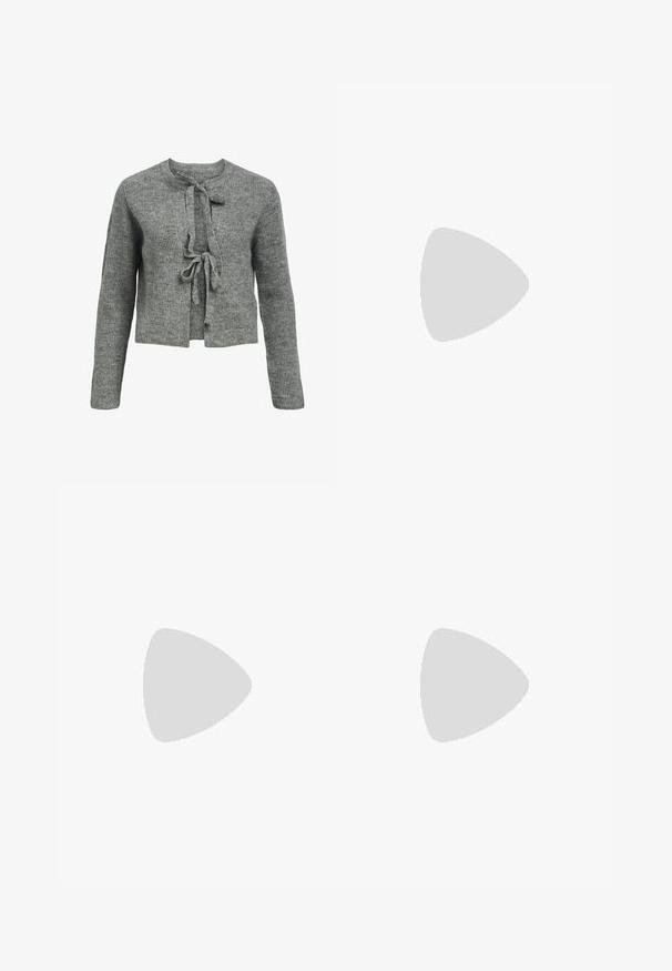 Gray knitted sweater with a round neckline, long sleeves, and a tie closure at the front. Texture is ribbed, creating a cozy appearance.; Cream GLAZECR TOP 2 PACK - Top - black/white; Black wide-leg jeans made from denim. Features a high waist, five pockets, a front button closure, and a subtle textured pattern.; Anna Field LEATHER - Ballet pumps - black