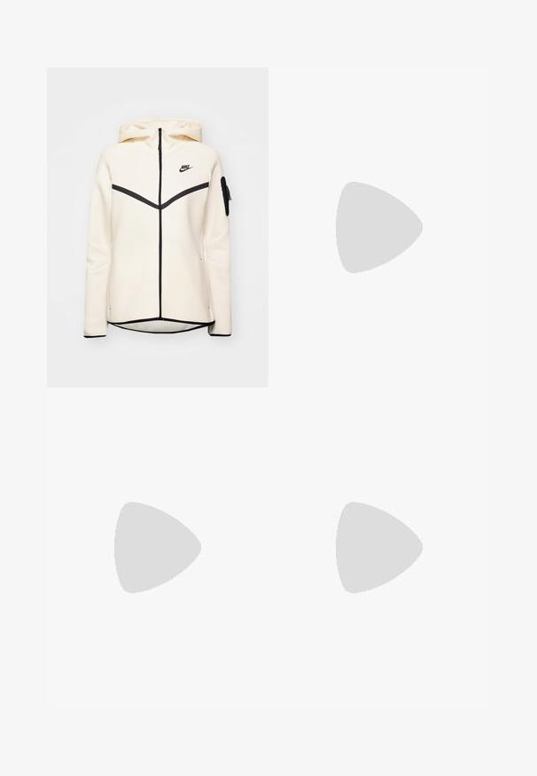 Creme zip-up hoodie med sorte accenter og et logo. Har en hætte, raglanærmer og en lynlås lomme på venstre arm. Glat tekstur.; Tre ærmeløse skjorter i blå, sort og hvid. Stoffet er ribbet med en rund halsudskæring. Hver skjorte har et mærke med teksten "even&odd."; Beige cargo bukser med høj talje, brede ben og fire store sidelommer. Fremstillet af slidstærkt stof med en glat tekstur og minimal detaljering.; Hvide lædersneakers med perforeret tå, gyldne accenter og flade snørebånd, parret med beige bukser på en struktureret gul overflade.