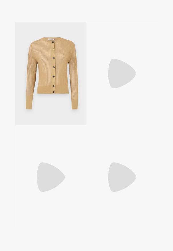 Knit cardigan in light tan, featuring vertical stripes, long sleeves, round neckline, and five black buttons down the front.; MCM SEQUINS TANK  - Top - white; Black leather mini skirt featuring a smooth texture, visible seam details, and a straight cut design. No pockets or embellishments.; Black leather ballet flat with a rounded toe, smooth texture, minimal stitching detail, and a flexible sole design.; Loeffler Randall PLEATED FRAME WITH BOW - Clutch - gold-coloured