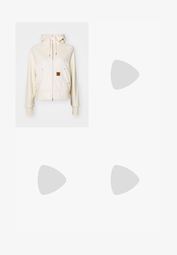 Cream-colored zip-up hoodie made of soft fabric, featuring a high neck, two front pockets, and a small brown logo on the left pocket.; Cropped, cream-colored t-shirt made of cotton. Features a pink embroidered logo that reads "Nike Sportwear." Short sleeves and a round neckline.; Navy blue sweatpants made of soft fabric, featuring an elastic waistband with drawstring, elastic cuffs, and a small white logo.; Brown wide-leg pants with smooth texture and side seam detailing, paired with grey and white retro-style sneakers featuring a gum sole.