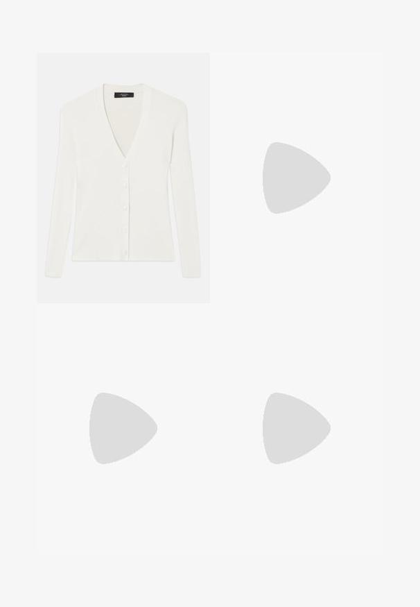 White ribbed cardigan with long sleeves, deep V-neck, and six button closures down the front. Soft texture and fitted design.; Gray ribbed tank top with a fitted design, wide armholes, and a rounded neckline. Made from soft cotton fabric with a smooth texture.; Khaki pleated skirt with a high waistband, made of cotton. Features a flowy design and hem finishes with subtle stitching details.; Stuart Weitzman FELICITY BOW BLOCK - Classic heels - black
