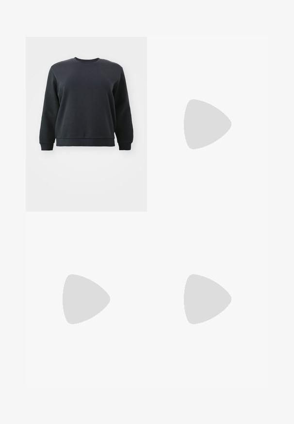 Black sweatshirt with a crew neck, long sleeves, and ribbed cuffs. Made from a soft cotton mix, featuring a simple, smooth texture.; Two short-sleeve t-shirts: one black with ruffled sleeves, one white with ruffled sleeves. Both are made from lightweight cotton fabric.; Wide-leg trousers in soft cream fabric, featuring a high waist, a single button closure, and minimal stitching details.; White high-top sneakers with thick, ridged soles and circular logo detail, worn with light blue, wide-leg denim jeans.