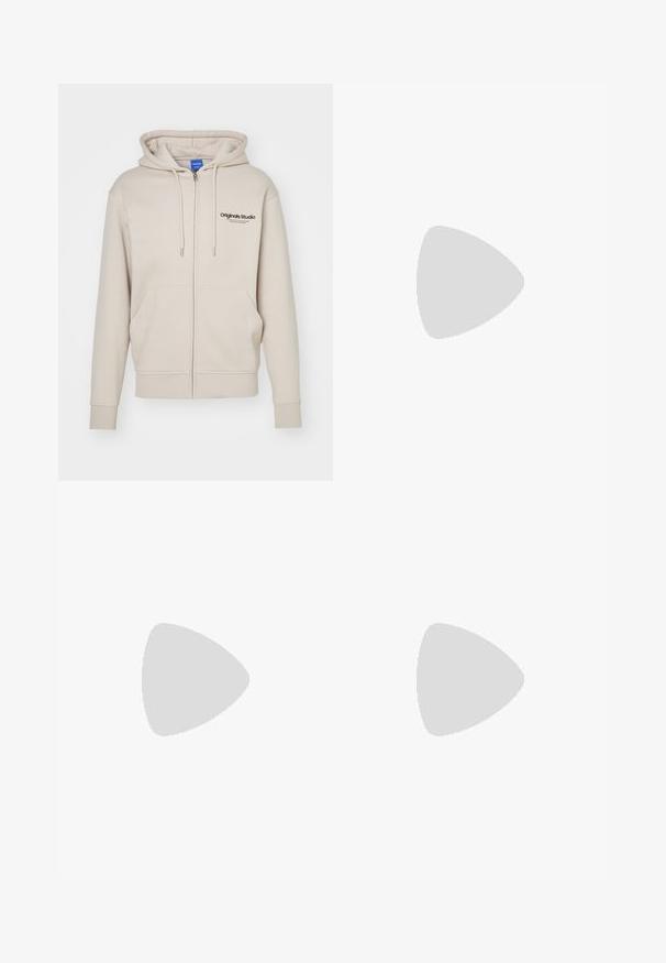 Bežna dukserica na zip s kapuljačom na vezanje, dva prednja džepa, rebrasti manžeti i logotip "Originals Studio" na gornjoj lijevoj strani. Glatka tekstura.; Set od tri osnovne majice u crnoj, bijeloj i svijetlosivoj boji. Kratki rukavi, okrugli izrez, izrađene od glatkog pamučnog materijala. Vidljiv logotip branda.; Sive trenirke od mekog materijala, s elastičnom trakicom u struku i manžetama, s malim plavim Nike logotipom sprijeda.; Bijele visoke tenisice od glatke kože s perforiranim prstom, zatvaranjem na vezanje i suptilnim logotipom sa strane. Teksturirana gumena potplat.