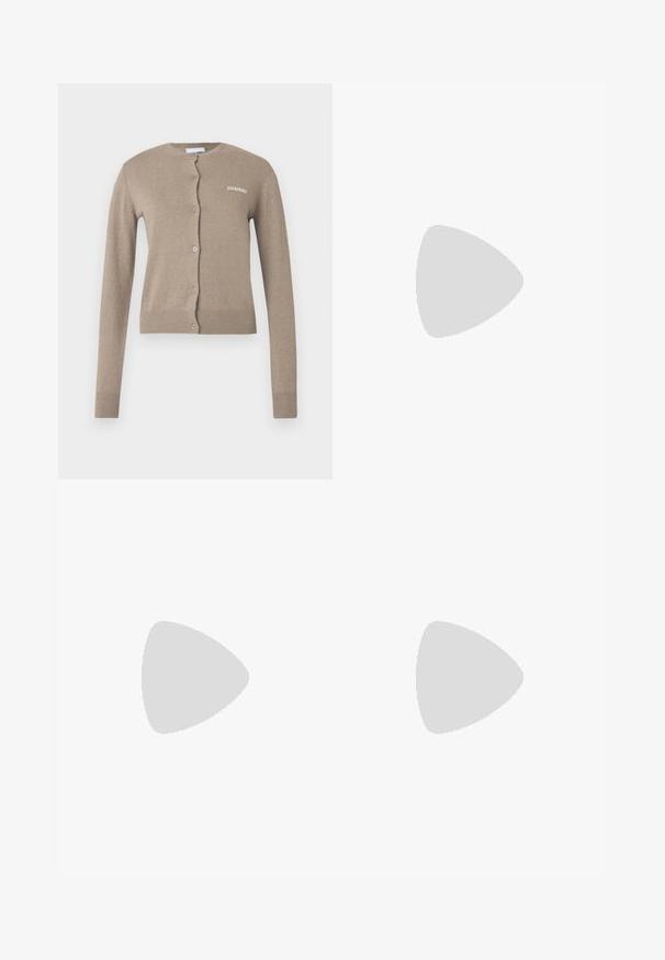 Beige cardigan with a round neckline, long sleeves, and button closure. Features ribbed cuffs and hem, with a small white logo on the front.; White short-sleeve t-shirt made of cotton with a crew neck design. Smooth texture and straight cut, no patterns or accents.; Light blue straight-leg jeans made of denim. Features five pockets, a metal button closure, and subtle whiskering for texture.; Black leather ankle boot with a pointed toe, small heel, and metallic accent detail on the toe. Smooth, matte texture throughout.