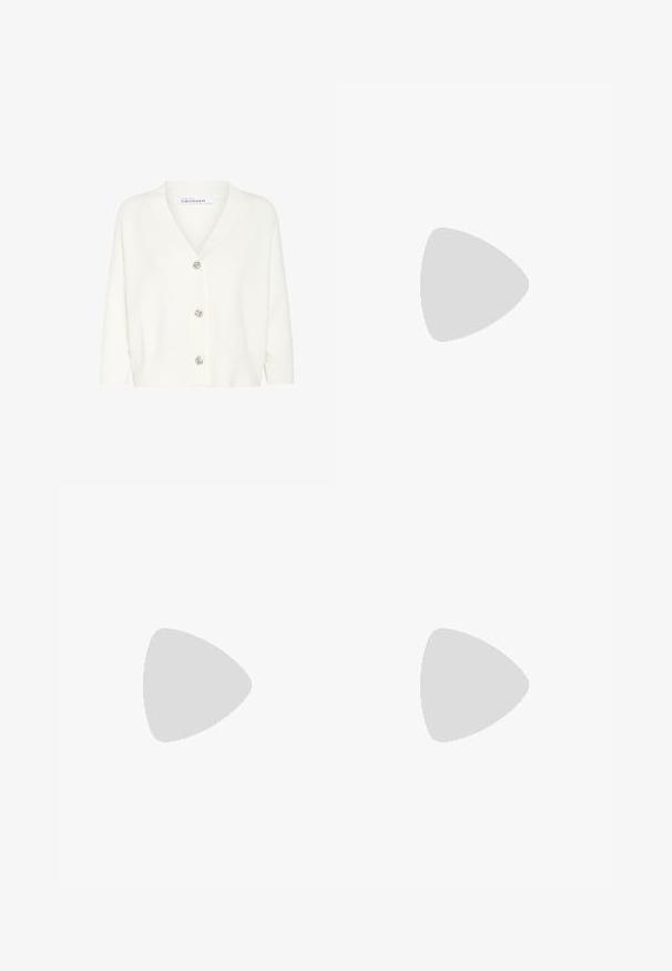 White cardigan made of knit material, featuring a V-neckline, long sleeves, and five decorative buttons on the front.; Black camisole top with thin adjustable straps, a round neckline, and a fitted silhouette. Made from smooth fabric with a soft texture.; Light gray wide-leg pants made of smooth fabric. Features an elastic waistband and black Nike logo on the left side.; Silver athletic shoes with a smooth, shiny finish, featuring a stitched design and the number 90 on the side, paired with white pants.