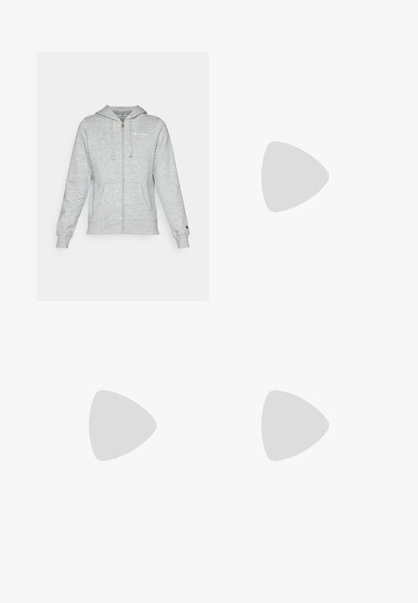 Gray zip-up hoodie made of soft fabric, featuring a logo on the left chest, drawstring hood, and front pockets. Classic fit with ribbed cuffs.; Navy blue cotton t-shirt with short sleeves, featuring a white "Champion" logo across the chest and a small logo on the sleeve.; Navy blue sweatpants made of soft material, featuring a drawstring waist, tapered legs, and ribbed cuffs. Small logo detail at the hip.; White athletic shoe with mesh upper, three black stripes on the side, textured accents, and a sturdy rubber sole with a contrasting black section.