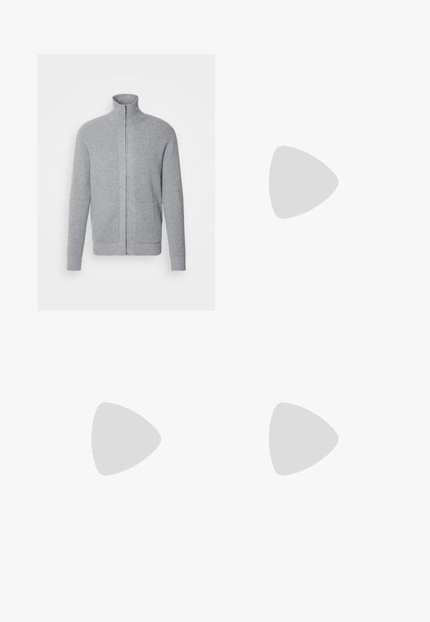 INDICODE JEANS Cardigan - grey mix; White short-sleeve t-shirt made of lightweight fabric. Round neckline with a smooth texture and no visible patterns or accents.; Black trousers with a textured pattern, slim fit design, front pockets, and a single button closure. Rolled cuffs for a tailored look.; White canvas high-top sneakers with a rubber sole, featuring silver eyelets and red and navy stripes along the sole.