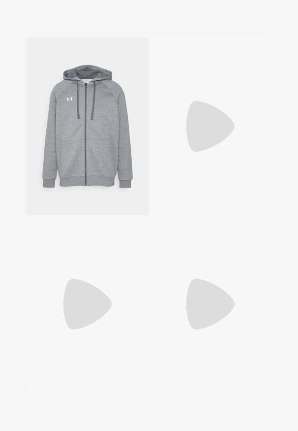 Sivi dukserica s patentnim zatvaračem i zaobljenim rubom, s dva prednja džepa i kontrastnim tamnosivim trakama za stezanje. Ima mali bijeli logotip na prsima.; Bijela atletska majica kratkih rukava od glatkog materijala. Ima okrugli izrez i sivi logo na lijevoj strani prsnog koša, s bočnim prorezima na rubu.; Sive kratke sportske hlače od glatkog, laganog materijala s elastičnom stražnjom trakom, koje imaju unutarnje kompresijske hlače i bočne džepove.; Bijela atletska cipela s teksturiranim pletenim gornjim dijelom, vezanjem, mekanim potplatom i prepoznatljivim detaljem brendinga sa strane.