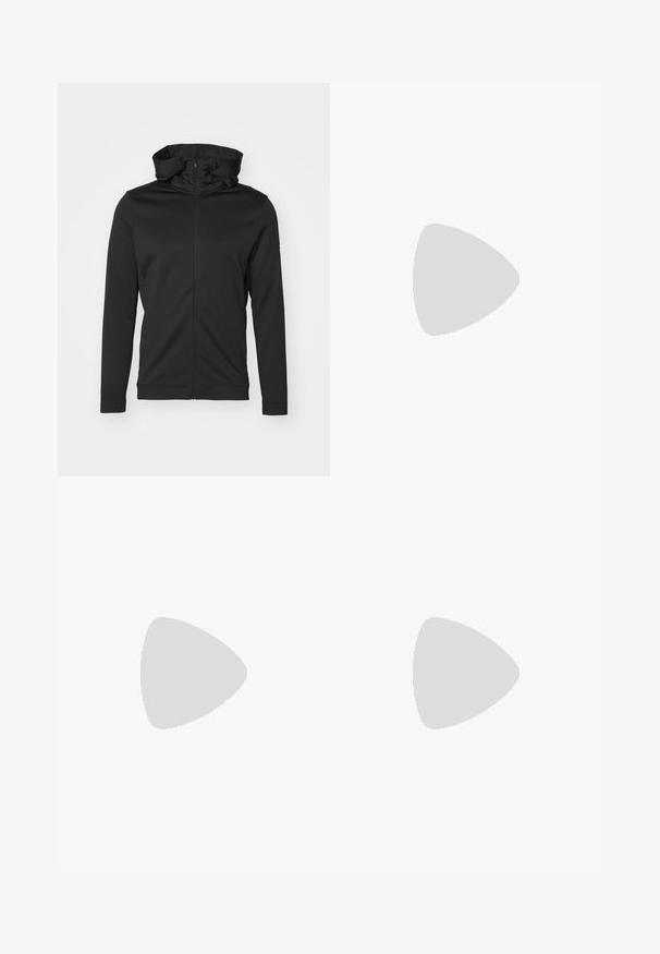Felpa nera con zip e collo alto. Tessuto liscio e elasticizzato. Maniche lunghe e polsini aderenti. Design minimalista senza loghi visibili.; T-shirt nera a maniche corte in cotone, con scollatura rotonda e un piccolo logo bianco nell'area superiore sinistra del petto.; Pantaloni sportivi neri realizzati in tessuto leggero, con vita regolabile con cordino, tasche laterali e orli affusolati alle caviglie.; Scarpa da trail running nera con tomaia texture, suola in gomma e punta rinforzata. Presenta un collare imbottito e un tassello per un indossamento facile.