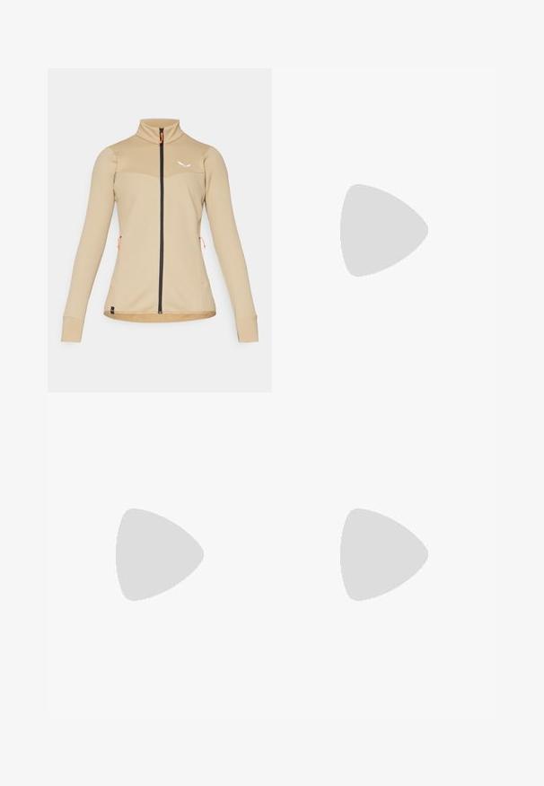 Beige hettejakke med teksturert design, høy krage og svart glidelås. Har oransje detaljer og en tettsittende silhuett.; Svart bomull t-skjorte med rund hals og korte ermer. Fremtredende hvit logo øverst til venstre. Glatt tekstur, avslappet passform.; Svart høy midje leggings laget av elastisk materiale, med en glatt tekstur og hvit logo trykket langs venstre ben.; Sorte tursko med teksturert stoffoverdel, snøresystem og røff gummisåle. Utsmykket med reflekterende detaljer og logoer.