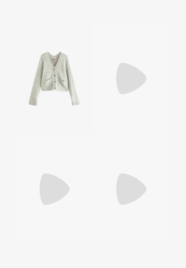 Light grey cropped cardigan made of soft, textured fabric. Features a deep V-neck, five buttons, and two front pockets.; White T-shirt made of soft, lightweight fabric. Features a round neckline and short, wide sleeves with a relaxed fit. No visible patterns.; Black polyester culotte pants with an elastic waistband, two front pleats, and a loose silhouette. No visible patterns or hardware details.; Black flat sandals featuring a glossy finish, three thin straps, and a circular hardware detail at the toe. Sleek design with a minimal heel.