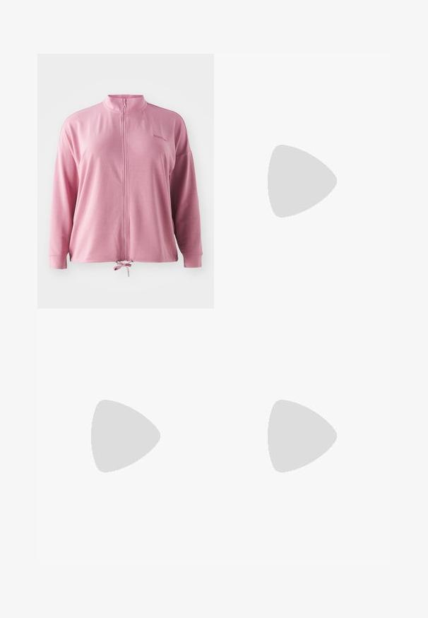 Lyserød zip-jakke med høj krave, lange ærmer, snor i kanten og diskret logo broderi. Glat, letvægtsstof.; Hvid atletisk t-shirt med netpaneler på skuldrene og siderne, rund halsudskæring og korteærmer. Glat tekstur og let design.; Sorte leggings med et glat, strækbart stof og en bred talje. De har lige, fuldlængde ben og ingen synlige mønstre eller detaljer.; Under Armour AURORA 3 - Træningssko - light pink/white