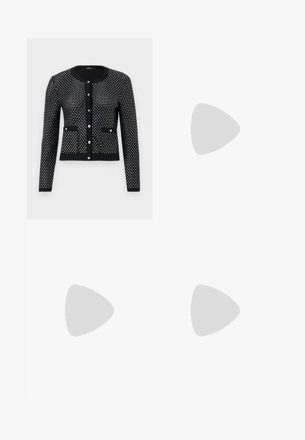 Cárdigan negro con patrón de puntos plateados, que presenta puños acanalados, bolsillos frontales y escote redondo. Cerrado con cinco botones metálicos.; Top sin mangas de cuero negro con una textura suave, que presenta tachuelas metálicas en los hombros y un dobladillo redondeado.; Leggings negros de tiro alto hechas de cuero sintético suave, con un diseño ajustado y piernas acampanadas. Sin hardware o patrones visibles.; Bota de tobillo de cuero negro con detalles de ojales plateados, punta afilada y tacón cuadrado. Diseño elegante con una textura suave.