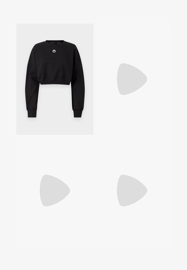 Black cropped sweatshirt made of soft fabric. Features long sleeves, a round neckline, and a small logo on the chest. Ribbed cuffs.; White short-sleeve t-shirt made of ribbed fabric. Round neckline, regular fit, and subtle stitching details. No patterns or graphics.; Knit white midi skirt featuring a textured pattern with vertical lines and cut-out details near the hem. Elastic waistband. Soft material.; Black leather ballet flat with a rounded toe, smooth texture, minimal stitching detail, and a flexible sole design.