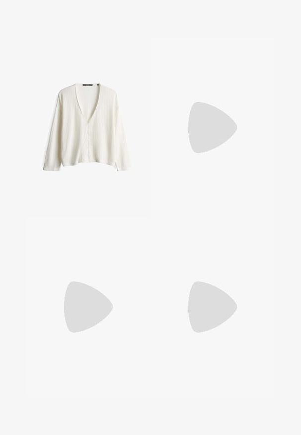 White, ribbed v-neck cardigan with long sleeves and a button front. Soft texture and relaxed fit, featuring side slits at the hem.; Stradivarius SQUARE NECKLINE - Top - white; Black wide-leg jeans made of denim with a high waist, featuring front pockets, back pockets, and minimalistic design elements.; Sport shoes with a white leather upper, gray suede toe, and three black stripes. Features a blue logo on the tongue and a textured rubber sole.; Black square sunglasses with a matte finish, featuring transparent lenses and a slight blue tint on one side. Robust, angular design.