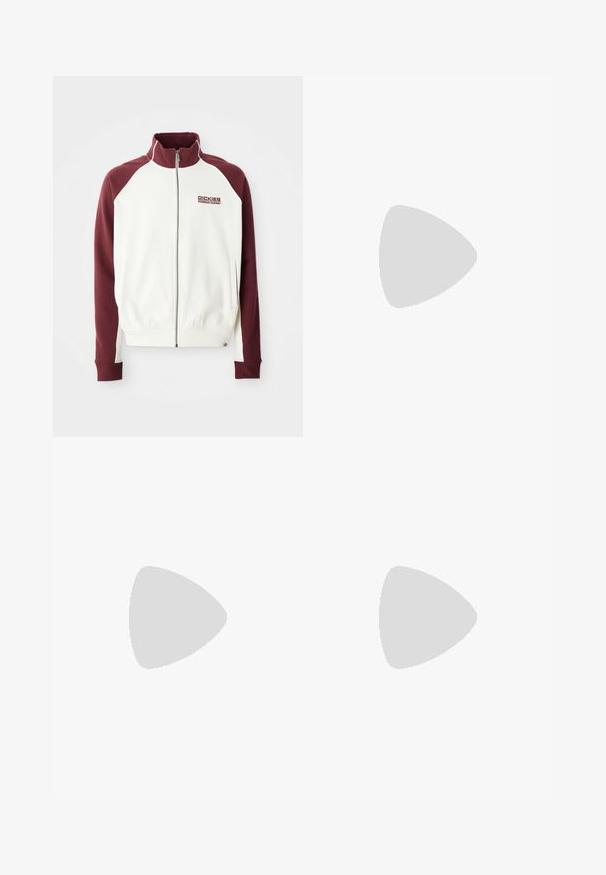 Zippered sweatshirt in off-white with maroon raglan sleeves. Features ribbed cuffs and hem, and a small logo on the chest. Smooth texture.; Three white ribbed tank tops made of cotton. Features a crew neck and small black labels near the hem. Available in multiple sizes.; Olive green, high-waisted pants with a straight leg design. Made of a lightweight fabric, featuring front pleats and a button closure.; White and light grey athletic sneaker featuring a mesh and synthetic upper, padded collar, textured accents, and a thick rubber sole.