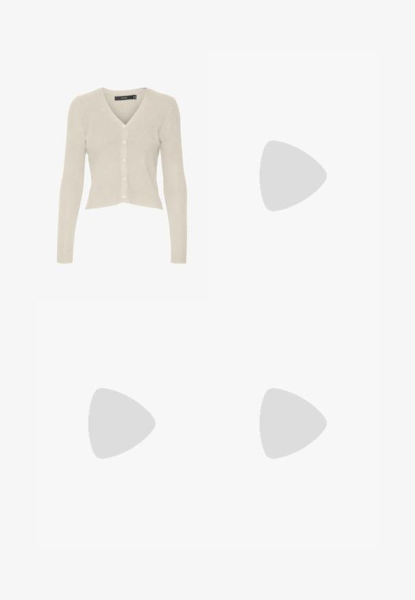 Bežs, ribota džemperis ar V-veida kakla izgriezumu un sešām pogām. Ar garām piedurkēm un īsu apakšmalu. Gluda tekstūra, viegla auduma.; Trīs garām piedurknēm veidotas augšdaļas, sakrautās: melna, pelēka un balta. Katram ir noapaļots kakla izgriezums un īsa dizaina forma ar gludu, vieglu audumu.; Augstas jostas līmeņa plaša kāju tumši zila džinsu bikses ar priekšējiem un aizmugurējiem kabatām, poga aizdare un redzami šuvju detaļas.; Beigā zamšādas balerīnas ar melnu ādas noapaļotu purngalu, zemu papēdi un gludu tekstūru, ar minimālu dūrienu un tīru dizainu.