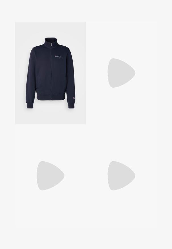 Champion ICONS FULL ZIP COLLAR - Sudadera con cremallera - dark blue; Camiseta de algodón de cuello redondo en color blanco, con mangas cortas y un pequeño logo bordado en el área del pecho izquierdo. Textura suave.; Pantalones de chándal grises hechos de una suave mezcla de algodón, con una cinturilla elástica, piernas ceñidas y un pequeño logo en la zona del bolsillo izquierdo.; Zapatillas deportivas blancas con un upper sintético suave, acento del logo en negro y detalles perforados en los laterales. Suela de goma.
