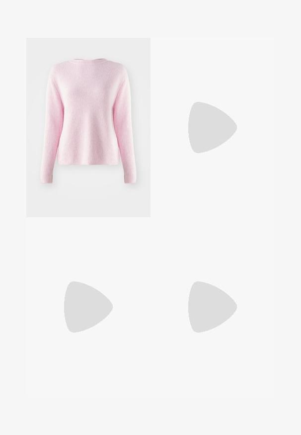Απαλή ροζ ριγέ ζακέτα από μαλακό υλικό με στρογγυλή λαιμόκοψη και μακριά μανίκια, διαθέτοντας �χαλαρή γραμμή και μινιμαλιστικό σχέδιο.; Τρία μπλουζάκια με μακριά μανίκια τοποθετημένα το ένα πάνω στο άλλο: μαύρο, γκρι και άσπρο. Κάθε μπλούζα έχει στρογγυλή λαιμόκοψη και cropped σχέδιο, κατασκευασμένη από απαλό, ελαφρύ ύφασμα.; Μαύρες κολάν με φουσκωτό σχέδιο, φτιαγμένες από ελαστικό ύφασμα. Διαθέτουν φαρδύ λάστιχο και λεία υφή, με εφαρμοστό σχήμα που ανοίγει στο τελείωμα.; Γκρίζα σουέτ αθλητικά παπούτσια με λευκές κορδόνες, μαύρες ρίγες και λευκή καουτσούκ σόλα. Διαθέτει κυκλικό λογότυπο στη γλώσσα και σόλα από καουτσούκ.