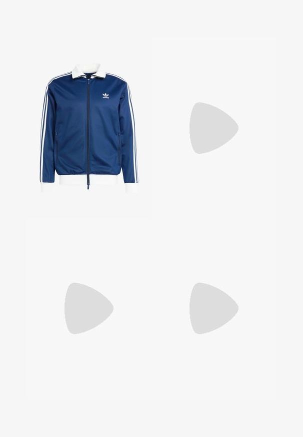 Blaues sportliches Zip-Up-Jacke mit einem weißen Kragen und Bündchen, ausgestattet mit drei weißen Streifen an den Ärmeln und einem Adidas-Logo auf der Brust.; Weiße Baumwoll-T-Shirts, kurze Ärmel, Rundhals-Design, schlichte Textur, in einer Reihe gestapelt, mit dezentem Branding am Hals.; Marinefarbene Sporthosen mit elastischem Bund, hellblauen Seitenstreifen und glatter Textur. Enthält Logodetails an der Seite.; Weiße Leder Sneaker mit grauem Wildlederkapp-, drei horizontalen weißen Streifen, blauen Akzenten und brauner Gummi-Sohle. Strukturiertes Detail auf der Sohle.