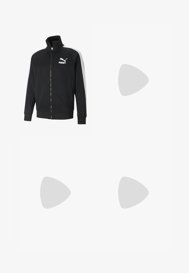 Musthave musta tõmblukuga jakk siledast kangast, millel on valged külgtriibud. Omab kõrget kraed ja esipaneelil on silmapaistev valge Puma logo.; Punane lühikeste varrukatega T-särk, millel on geomeetriline must muster, ümmargune kaelus ja rohelise embleemiga valge logo rinnal.; Mustadest kangast püksid, mis on valmistatud vastupidavast materjalist, sirge jala disainiga, vöökoha jaoks nööbid ja õmblused lisatekstuuri saavutamiseks.; Puma tossud valgest ja mustast südamikust, millel on pruun kummi tall. Kombineeritud valgete sokkidega, millel on must logo, kantud tumedate pükstega.