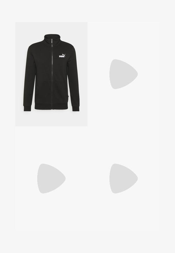 Schwarze Zip-Jacke aus glattem Stoff, mit hohem Kragen, Fronttaschen und einem weißen Puma-Logo auf der linken Brust.; Schwarzes Sport-T-Shirt mit goldenen Akzenten an denÄrmeln und an der Seite. Verfügt über einen Rundhalsausschnitt, kurze Ärmel und feuchtigkeitsableitendes DRYCELL-Gewebe.; Schwarze Sporthose mit gelben Borussia Dortmund BVB 09- und Puma King-Logos, elastischem Bund und gemusterten gelben Seiteneinsätzen.; Puma-Sneaker aus weißem und schwarzem Wildleder mit einer braunen Gummisohle. Kombiniert mit weißen Socken, die ein schwarzes Logo zeigen, getragen zu dunklen Hosen.