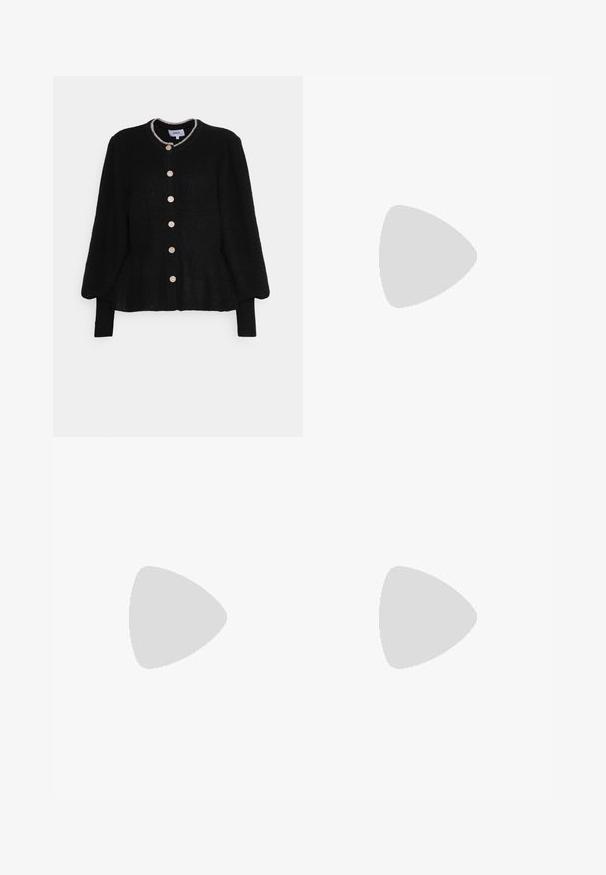 ONLY ONLRIO LIFE CARDIGAN - Jopica - black glitter; Komplet treh majic s kratkimi rokavi v črni, sivi in beli barvi. Izdelane iz bombaža, z okroglim izrezom in preprostim, enobarvnim dizajnom.; Črna usnjena krilo s prilegajočo zasnovo. Gladka tekstura, šivi, ki obdajajo obliko, in ravna obroba. Minimalističen in eleganten videz.; Črne usnjene loafer čevlje s gladko površino, ki imajo dekorativno srajco, okroglo konico in teksturiran podplat. Nosi se z dolgim črnim usnjennim krilom.