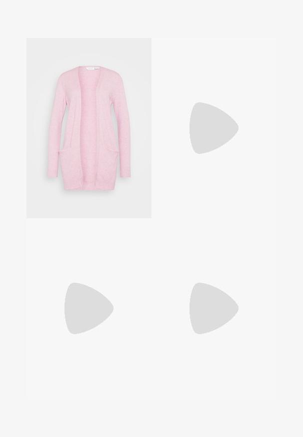 VILA VIRIL OPEN CARDIGAN - Kardigán - pastel lavender light melange; Két darabból álló, testhezálló garbó felső szett fehér és fekete színben. Rövid ujjú, sima pamut anyagból készült, szorosan illeszkedő fazonnal. Nincsenek minták vagy grafikák.; Fehér pamut rövidnadrág, elasztikus derékkal, hímzett mintákkal és laza szabással. Simaság jellemzi, térd fölé érő kialakítással.; Ezüst színű, magas sarkú szandál, csillogó pánt dizájnnal, gyöngyszerű díszítéssel és spirális bokapánttal a biztos illeszkedés érdekében.; Ezüst fém szív alakú kézi táska dupla fogantyúval, láncos pánttal és sima felülettel. Fém hardverrel és varrott szélekkel rendelkezik.