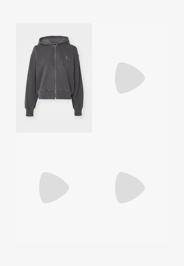 Carhartt WIP HOODED NELSON JACKET - Majica s kapuljačom i patentnim zatvaračem - graphite; Crne i bijele body majice kratkih rukava s okruglim izrezima i tangama, izrađene od glatke, rastezljive tkanine.; Crne široke trenirke s vezicom u struku. Sadrže izvezeni natpis s lijeve strane, izrađene su od mekanog materijala od pamuka.; Crne i sive tenisice s kombinacijom antilopa i mrežastih materijala, debelim đonom, istaknutim logotipom i crvenim naglaskom na jeziku.