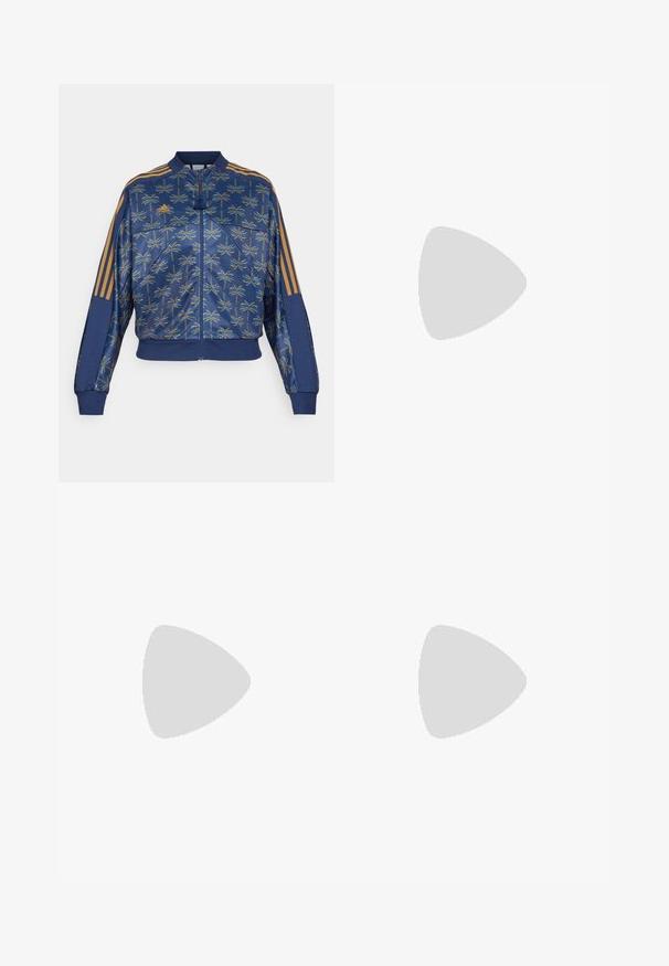 adidas Sportswear ADIDAS FARM RIO TIRO TRACK - Majica s kapuljačom i patentnim zatvaračem - bronze strata/dark marine/night indigo; Bjela skraćena majica bez rukava izrađena od laganog materijala s okruglim izrezom. Sadrži crni logo s lijeve strane i glatku teksturu.; Mornarske sportske hlače izrađene od mekog materijala, s bijelim bočnim trakama, elastičnim pojasom s podesivom vezicom i elastičnim manžetama.; Bijela atletska cipela s mrežastim gornjim dijelom, tri crne pruge sa strane, strukturirani detalji i čvrst gumeni potplat s kontrastnim crnim dijelom.