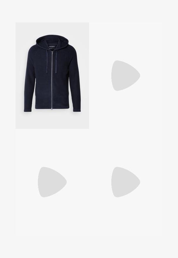 Navy blue zip-up hoodie with a textured knit, raglan sleeves, adjustable drawstring hood, and front zipper closure.; Two black polo shirts, short-sleeved, cotton material, featuring a classic collar, two-button placket, and white striped accents inside the collar.; Black denim pants featuring a straight-leg cut, five-pocket design, and a front button closure. Smooth texture with minimal stitching details.; Pier One UNISEX - Trainers - black