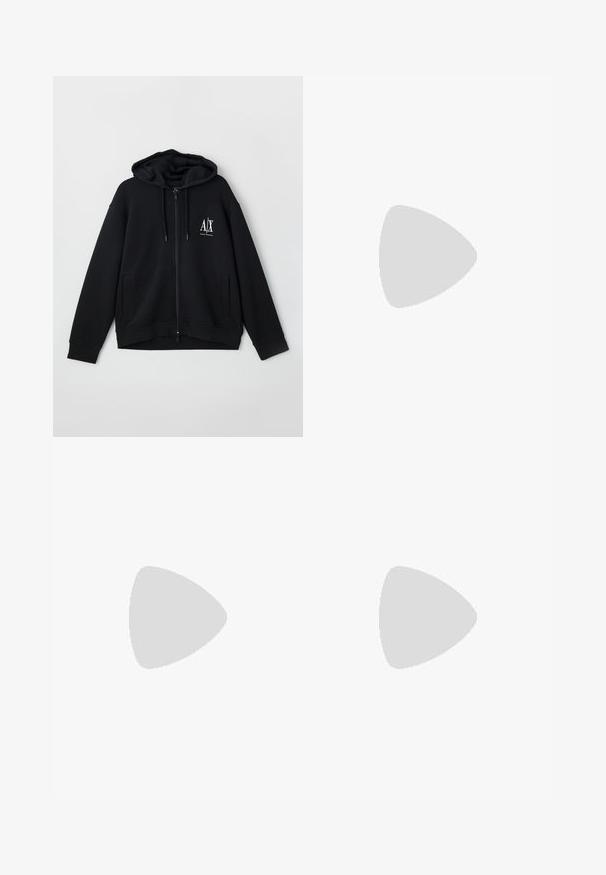 Juodas zip-up džemperis, pagamintas iš minkštos medžiagos, turi pamuštą gobtuvą, dvi priekinės kišenes ir mažą baltą logotipą ant kairiojo krūtinės.; Juodas medvilninis marškinėliai su apvalia kaklo iškirpte ir trumpomis rankovėmis. Yra mažas mėlynas logotipas ant kairiojo krūtinės. Paprastas, tiesus kirpimas.; Juodos kelnės, pagamintos iš lengvos tekstūruotos medžiagos, tiesaus silueto, su elastingu juosmeniu ir šoniniais užtrauktukų kišenėmis.; Juodos sportinės bateliai, pagaminti iš tinklinės medžiagos ir odos, su storu baltu padu ir kontrastingais akcentais. Raišteliai ir logotipo detalės šone.
