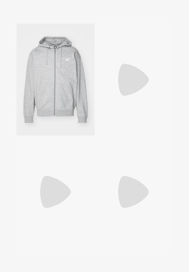 Šviesiai pilkas megztinis su užtrauktuku, su raišteliais, dviem priekinėmis kišenėmis, garsu ribuotais rankogaliais ir apačia, bei mažu baltu New Balance logotipu ant krūtinės.; Tamsiai mėlynas medvilninis marškinėliai trumpomis rankovėmis ir apvaliu kaklu. Priekyje yra baltas "NB" logotipas ir "new balance" tekstas.; Šviesiai pilkos sportinės šortai, pagaminti iš minkštos medžiagos, turi elastingą juosmenį su raišteliu, leidžiančiu reguliuoti dydį, ir dvi šonines kišenes.; Juodas bėgimo batelis, pagamintas iš tinklinės ir sintetinės medžiagos, turintis stambų pado dizainą, kreivą formą ir ryškią prekės ženklą šone.