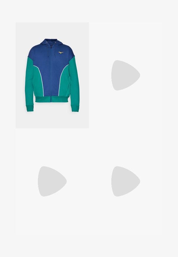 Casaco com fecho éclair em azul e verde, apresentando realces brancos contrastantes e um logótipo no peito. Feito de um tecido suave e texturado.; T-shirt de algodão preto com mangas curtas, decote redondo e um logo branco no lado esquerdo do peito. Textura suave e design simples.; Calções atléticos pretos feitos de material leve, com um cós elástico e um pequeno logótipo no canto inferior esquerdo.; Tênis de corrida leves em azul pálido com riscas pretas. Apresentam um cabedal liso, bico redondo e uma entressola espessa branca rotulada como "LIGHTSTRIKE PRO."