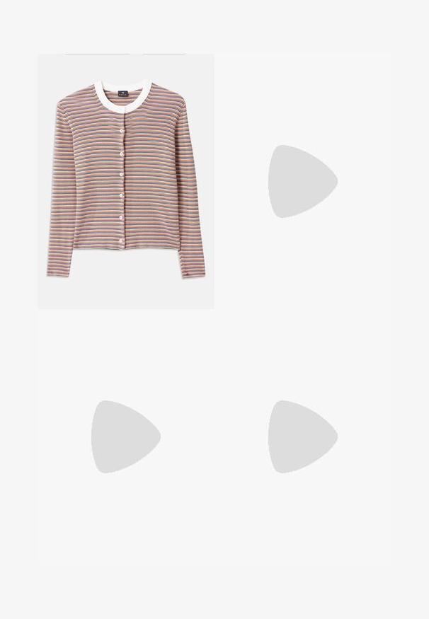 Striped cardigan with long sleeves, featuring a white round neckline and button closure. Colors include orange, blue, and cream in horizontal stripes.; White short-sleeve t-shirt made of ribbed fabric. Round neckline, regular fit, and subtle stitching details. No patterns or graphics.; Knit white midi skirt featuring a textured pattern with vertical lines and cut-out details near the hem. Elastic waistband. Soft material.; Black leather ballet flat with a rounded toe, smooth texture, minimal stitching detail, and a flexible sole design.; Brown leather handbag with a flap closure, gold-tone hardware, a shoulder strap, and a smooth texture. Compact rectangular shape.
