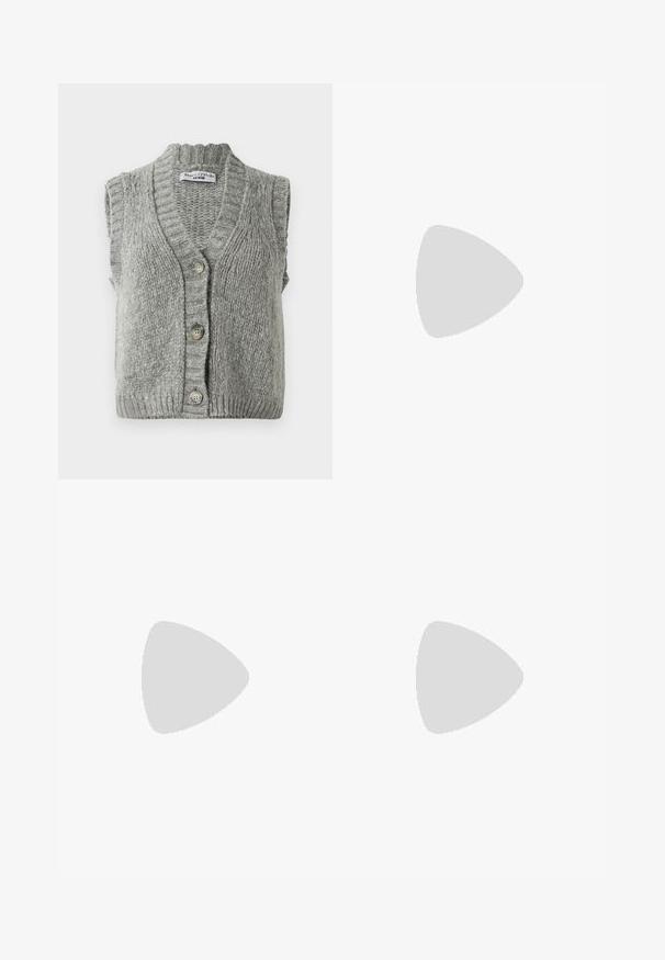 Grey knitted sleeveless button-up cardigan vest with ribbed collar and hem, laid flat showing front with three buttons.; White short-sleeve T-shirt made of soft cotton. Features a round neckline and relaxed fit. Clean design with no visible patterns or accents.; Wide-leg black denim jeans with a high waist. Features five pockets, metal hardware, and a clean finish. The texture is smooth and soft.; White sneakers with a mix of smooth and suede textures, featuring beige accents and a gum sole, paired with light-colored wide trousers.