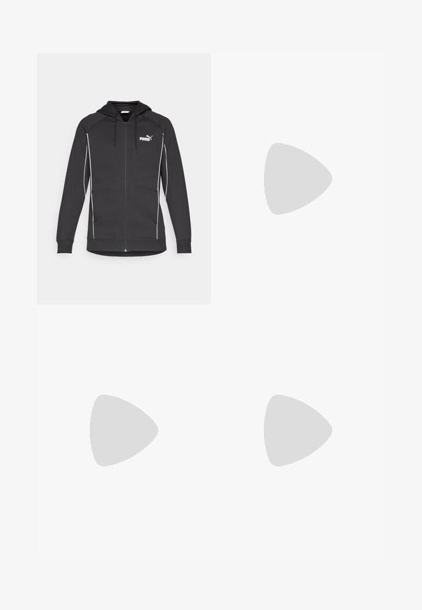 Svart hettegenser med glidelås og snorhette, hvite kontrastpiping, og Puma-logo på brystet. Laget av mykt, sportslig stoff.; Svart bomull t-skjorte med korte ermer, rund hals og en liten hvit logo på venstre bryst. Enkel design, glatt tekstur og avslappet passform.; Sorte idrettsbukser laget av lett stoff, med snor i livet, sidelommer og smale mansjetter ved anklene.; Svart utendørs sneakers med overdel i semsket skinn, teksturert gummisåle og solid snøresystem. Har forsterket hæl og merkevarelogo på siden.
